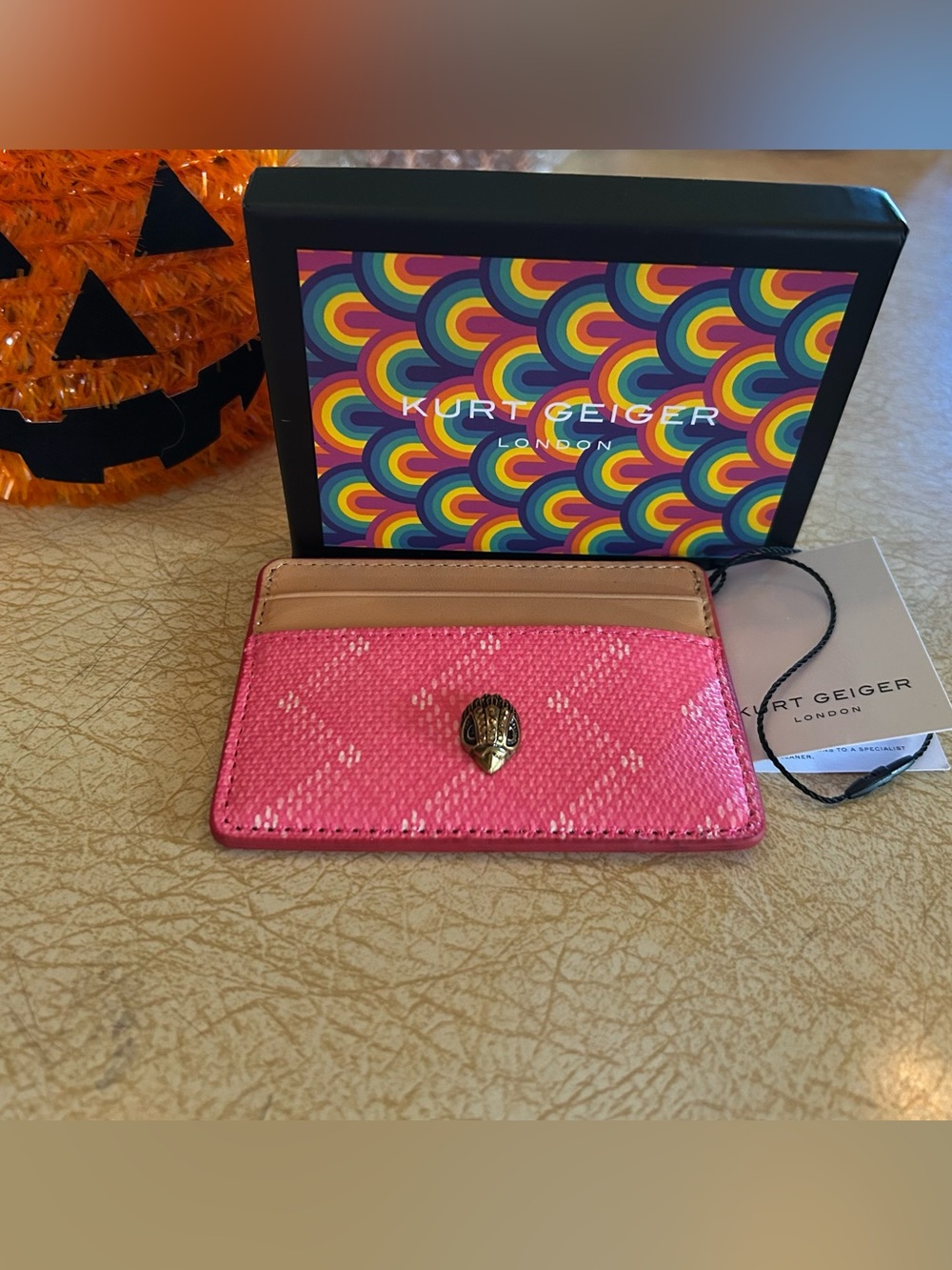 Kurt Geiger Pink and Beige Leather Card Case with Gold Stud